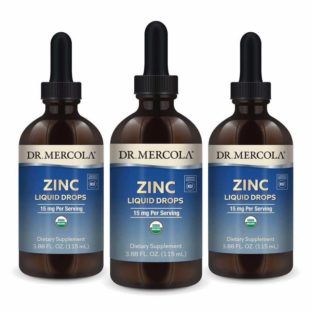 Dr. Mercola Zinc Liquid Drops - Supporta Immune & Organ Health - 15 mg Organic Zinc Liquid Drops - USDA Organic - NSF Certified - Non-GMO, Gluten-Free & Soy-Free - 3.88 fl oz (3 Pack)