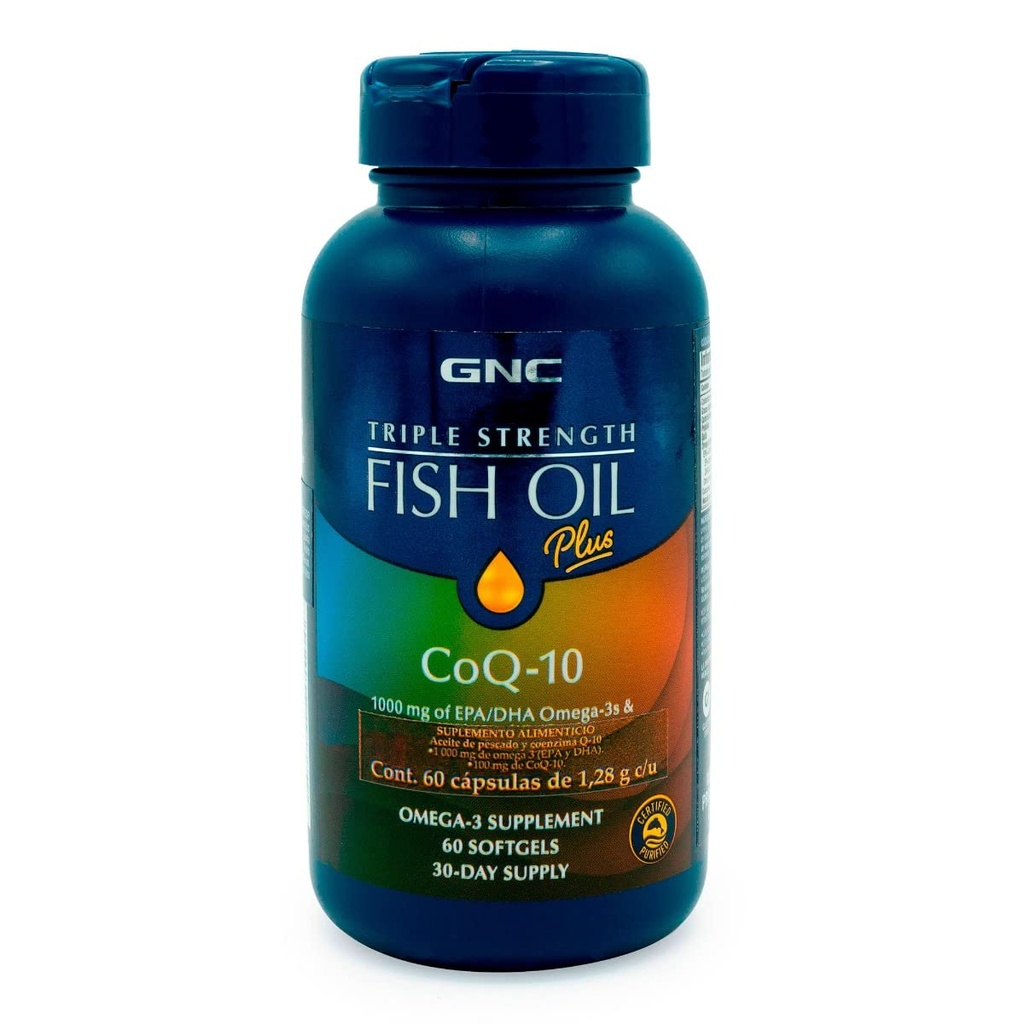 GNC Tripla resistenza Fish Oil Plus CoQ10 Omega 3 Supplemento, 1000mg EPA e DHA, 100mg CoQ10, cuore e salute circolatoria, Plus Skin, Joint, cervello e occhio, Coated to Control Fishy Burps, 30 Servings