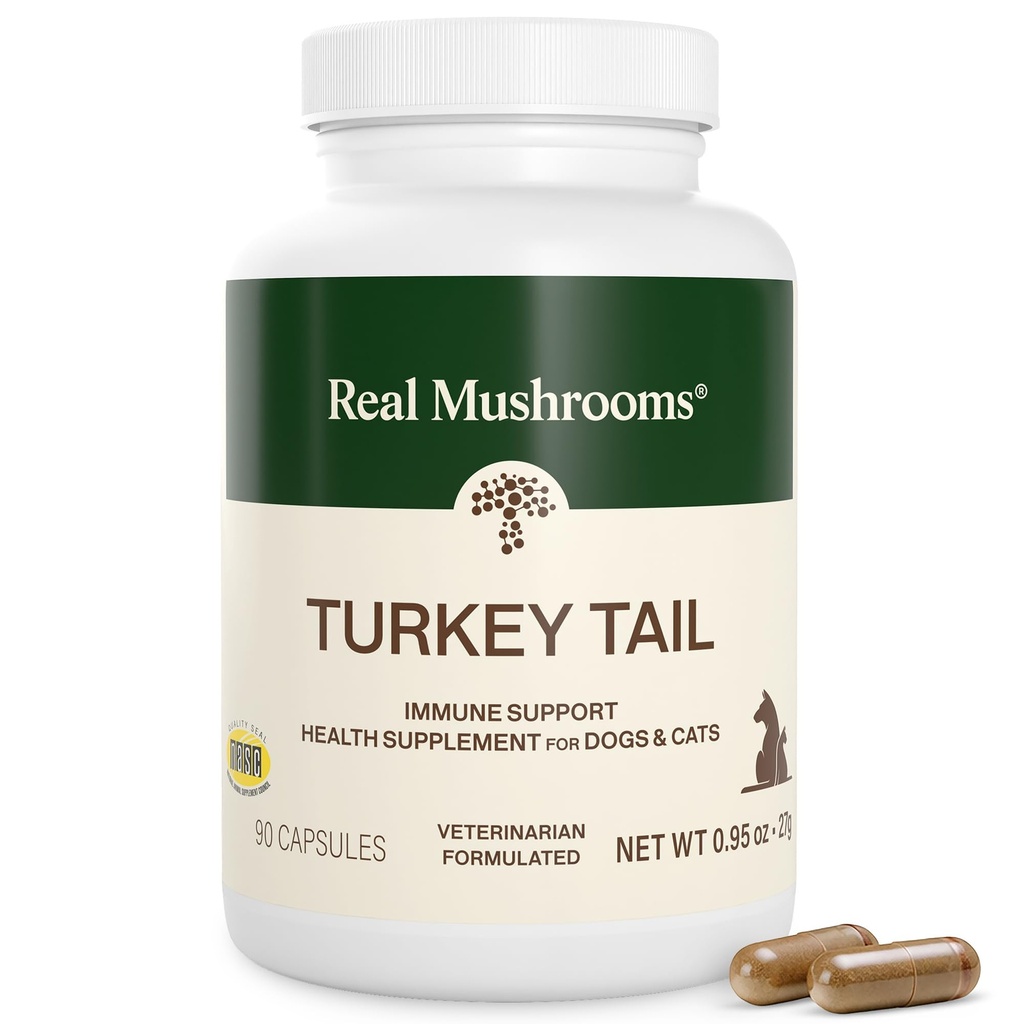 Real Mushrooms Turchia Tail Capsule per Animali – Probiotici e Vitamine di Cane – Integratore di Funghi Organici per Cani & Gatti – Supporta l'Equilibrio Giornaliero &amp; Benessere Non-GMO, 90 ct