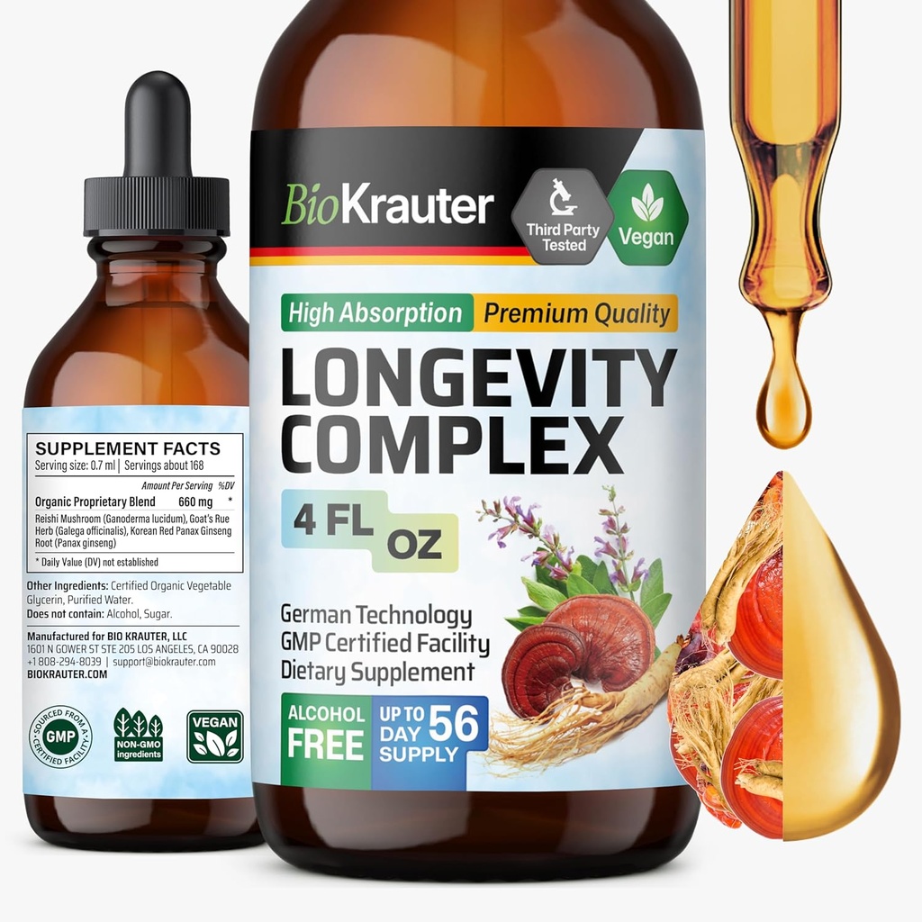 BIO KRAUTER Longevity Mushroom Supplement - Liquid Reishi Mushroom Complex con Goat Rue & Red Ginseng Root Extract - Vegan Tincture - Alcohol & Sugar Free Drops 4 Fl.Oz.
