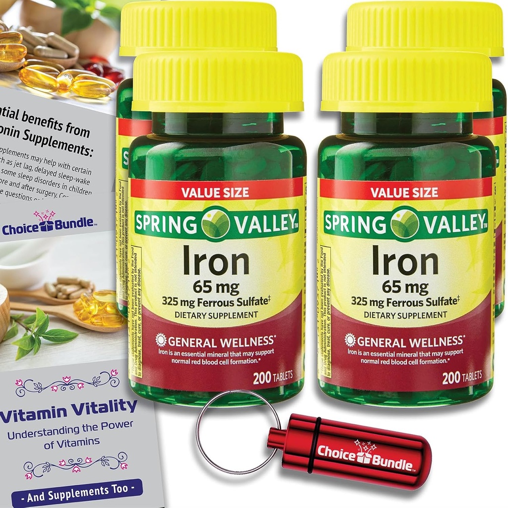 Tavoli di ferro della valle di primavera Supplemento alimentare Dimensione del valore 65 mg 200 CT 4 Pk Scelta Bundle (800 Totale) + Guida alla vitalità della vitamina & Pill Container (6 voci)!