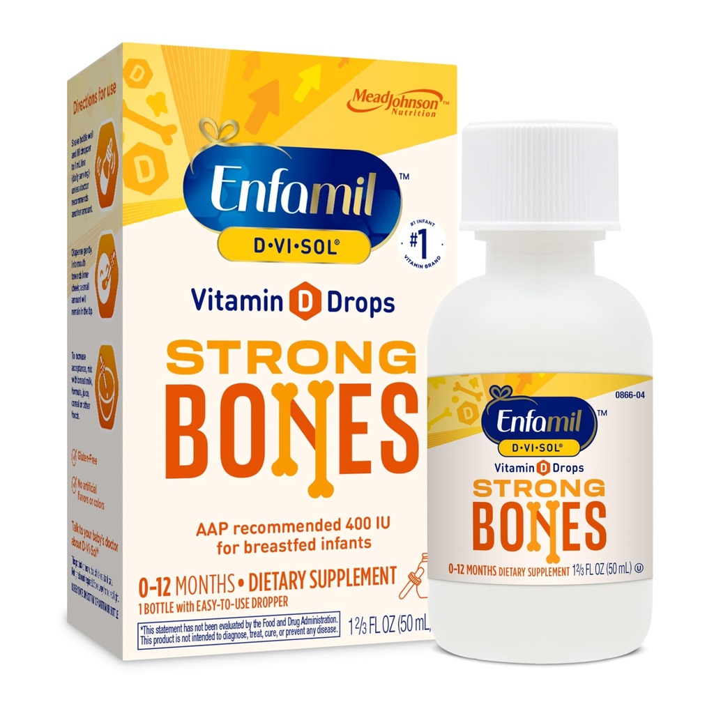 Enfamil Baby Vitamin D-Vi-Sol Liquid Vitamin D Gocce, Supporta forte sviluppo denti e ossa, bottiglia 50mL