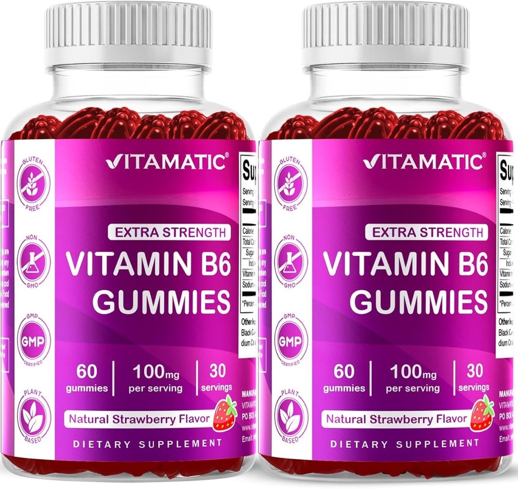 Vitamatic 2 Packs Vitamina B6 100mg Gummies – Natural Strawberry Flavor – 60 Pectin-Based Gummies per Bottiglia – Nervous System & Energy Support