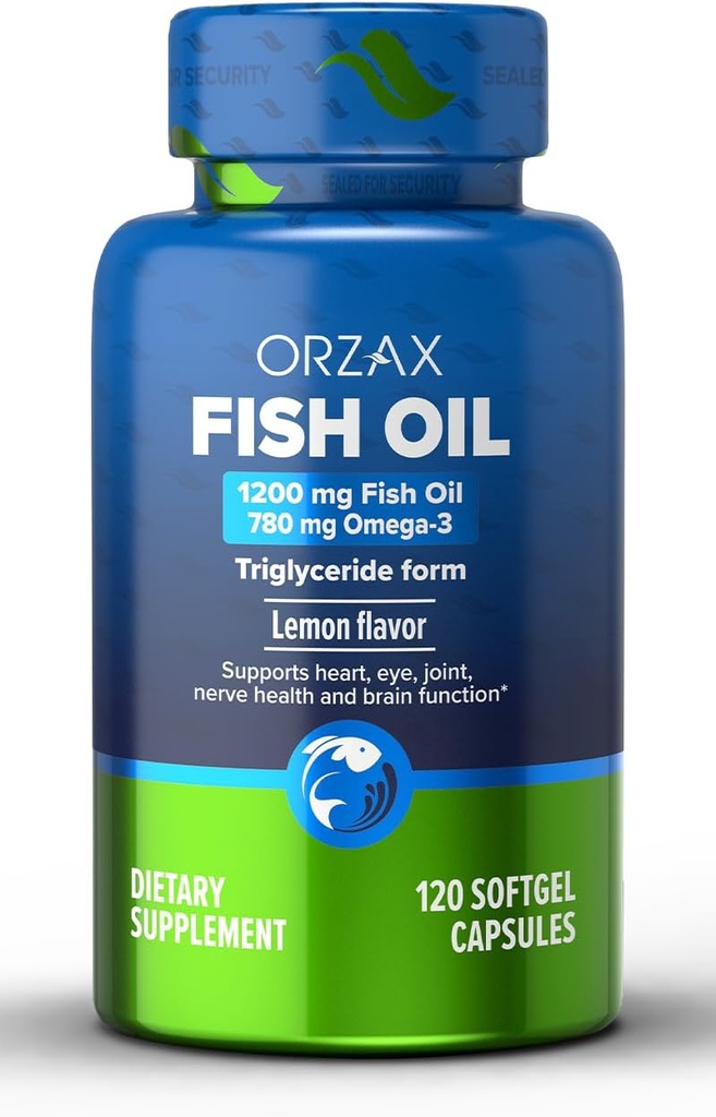 ORZAX Omega 3 Fish Oil 1200 mg - EPA DHA Omega 3 Supplemento - Promuove Cuore, Occhio, Giunto, Nerve, Immune, Cervello e Sangue - Burpless & Limone aromatizzato - Non OGM - 120 Softgels - 60 giorni di alimentazione