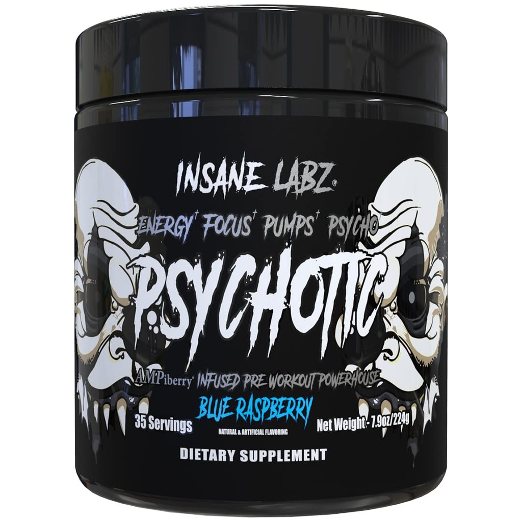Insane Labz Psychotic Black Edition Mid Stimulant Pre Workout Powder, Energy Focus Pumps, Caricato con Creatine Beta Alanine Taurine Fueled da AMPiberry, 35 Servings (Blue Raspberry)
