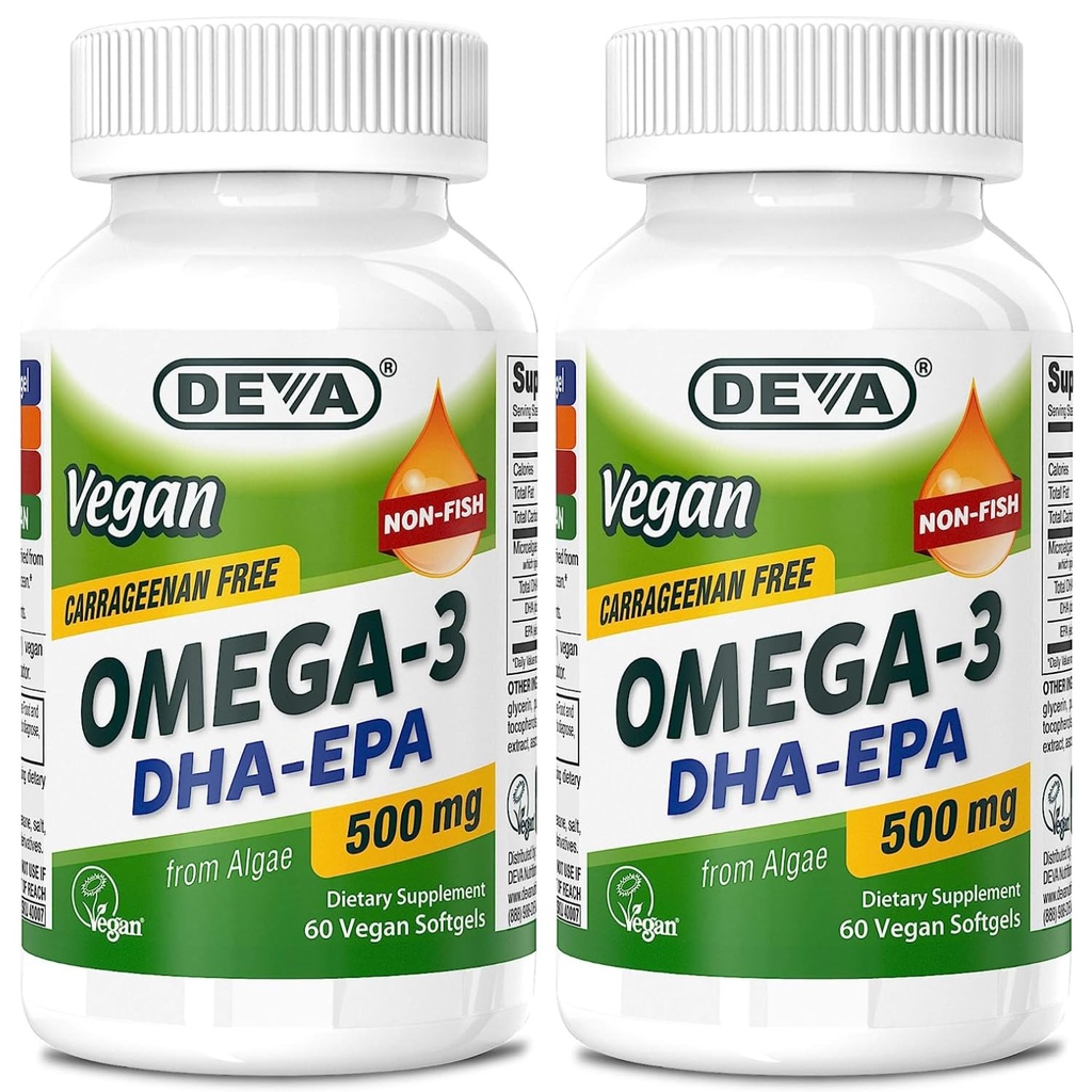 DEVA Vegan Omega-3 DHA-EPA 500MG 2-Pack – Nessun Carrageenan, Olio non filtrato derivato da Alghe, Non OGM, 60 Gelatin-Free Softgels Ea