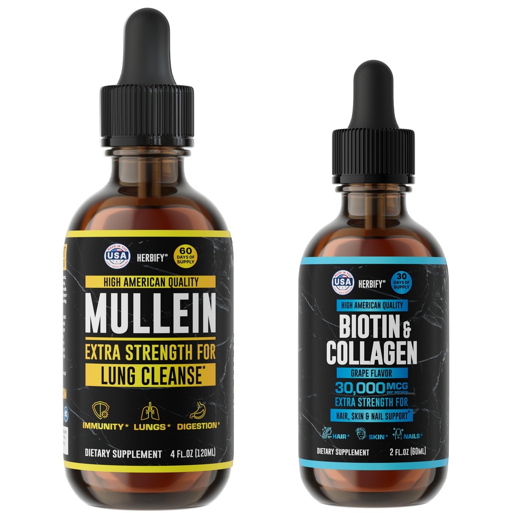 HERBIFY Bundle - Estratto di foglie di Mullein & Biotin e Collagen - Supporto respiratorio & Hair Skin e Nails