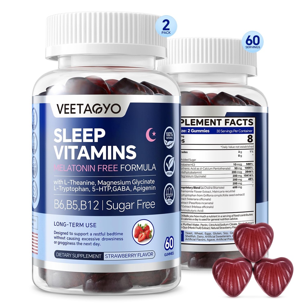 Melatonin gratis 5-HTP GABA Supplemento Gummies per adulti e bambini 12+ con L-teanina, Magnesio Glycinate, L-Tryptophan, Apigenin - Sugar Free, Strawberry Flavor, Vegan, 120 Conte
