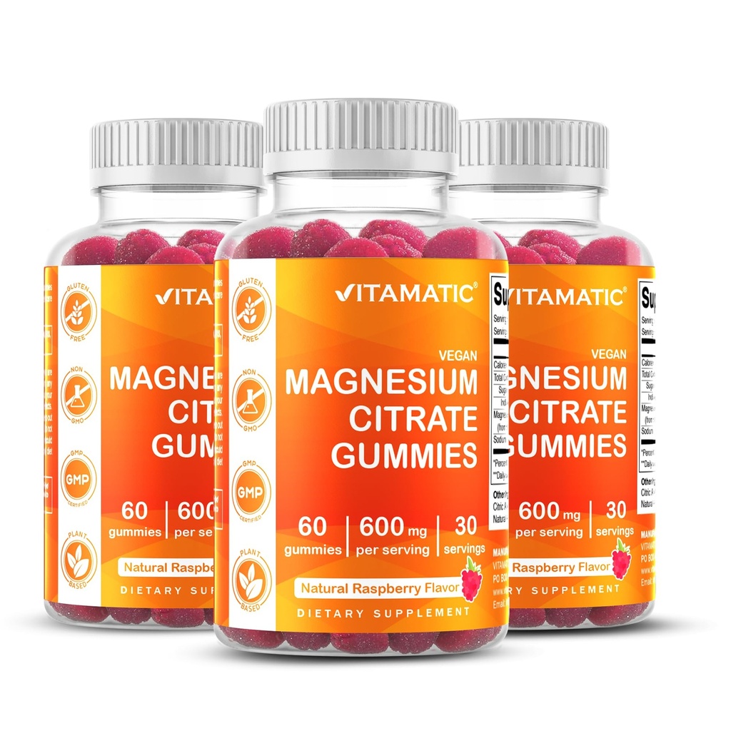 Vitamatic Magnesium Gummies 600mg per Serving – 60 Vegan Gummies – Rilassamento, Muscolo, Bone & Energy Support – 3 Pack