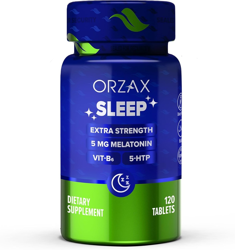 ORZAX Sonno - Melatonina 5 mg, Vitamina B6 & 5-HTP Supplemento - Vitamine dormienti per adulti (120 compresse)