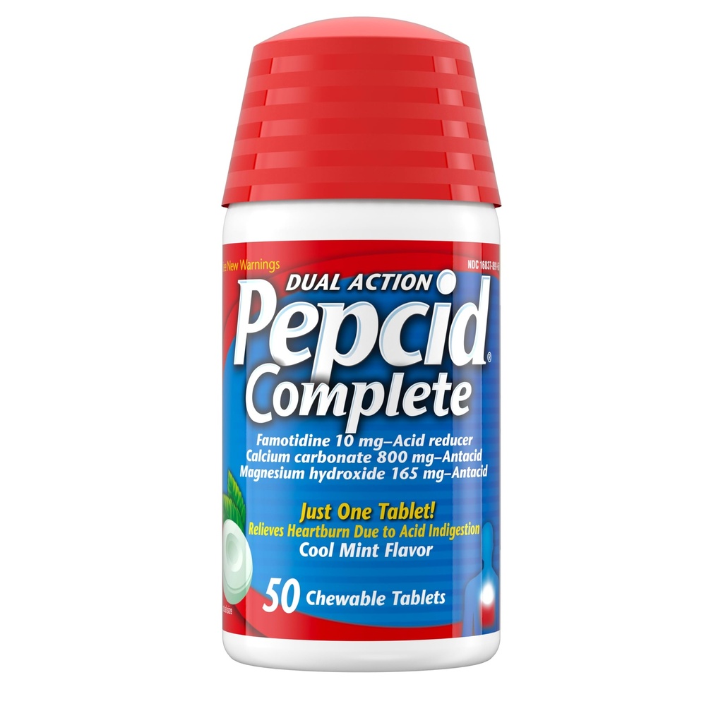 Riduttore di acido completo di peptidi + anacido per il riflusso acido, 10mg Famotidina, carbonato di calcio di 800mg & 165mg idrossido di magnesio per la medicina di bruciore, chews di azoto, menta, 50 ct