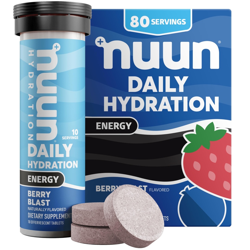 Compresse di elettrolita di energia Nuun con Ginseng, Caffeina da Estratto di tè verde, Vitamina B12, B6, B5, Magnesio & 4 altri elettroliti, Gluten Free & Vegan, Lama di bacche, 8 Pack (80 Servings Total)