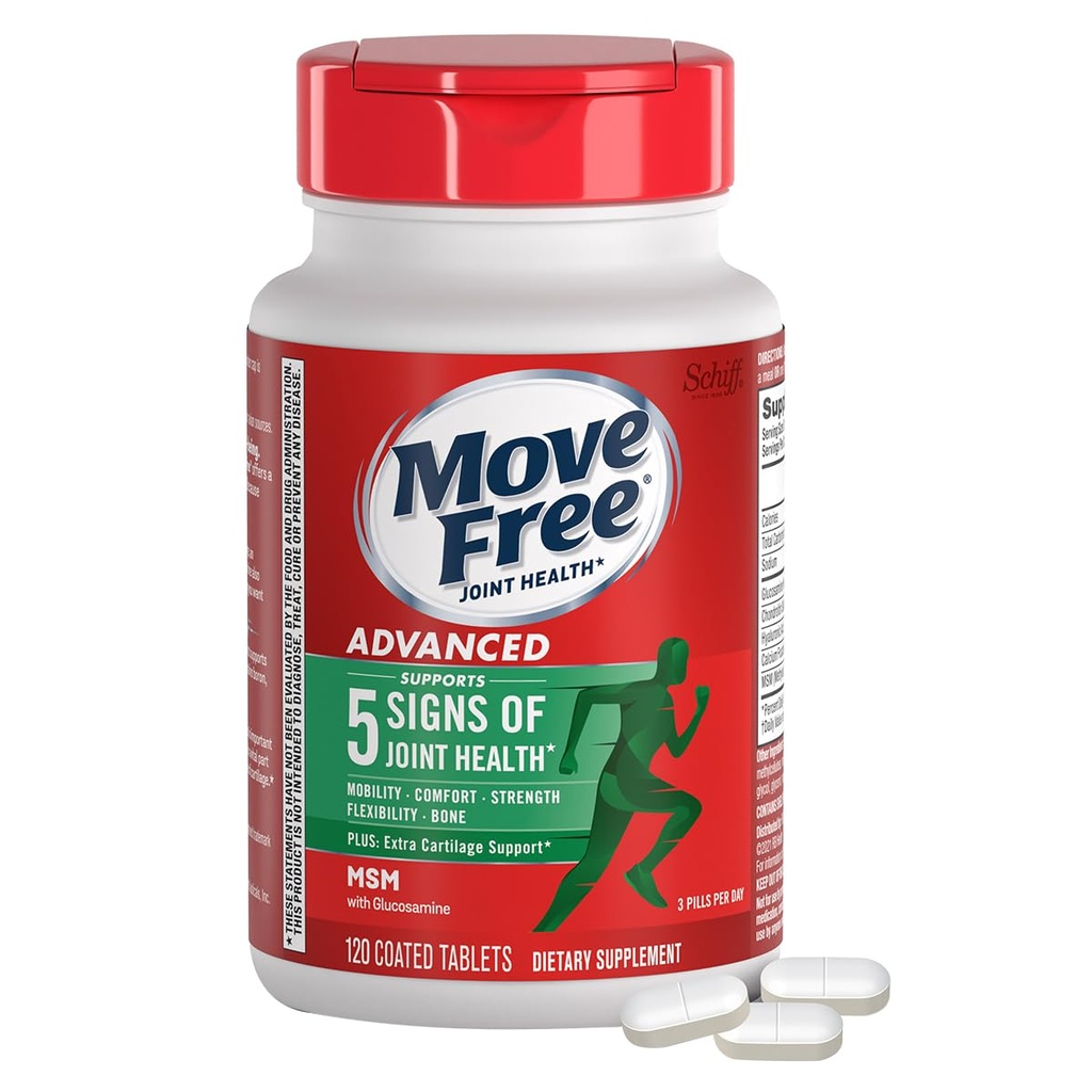Move Free Advanced Glucosamine Chondroitin MSM Joint Support Supplement, Supports Mobility, Comfort, Strength, Flessibilità & Bone, 120 Tablets/40 Servings