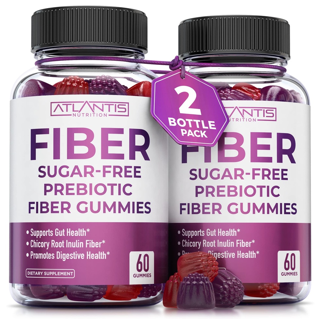 Atlantis Nutrition Zucchero Free Fiber Gummies per Adulti - 5G Fibra Supplemento Formulato con 5.4G Prebiotic Digestive Blend - Supporta Gut Health & Promuove la digestione sana - 2-Pack 120 Gummies