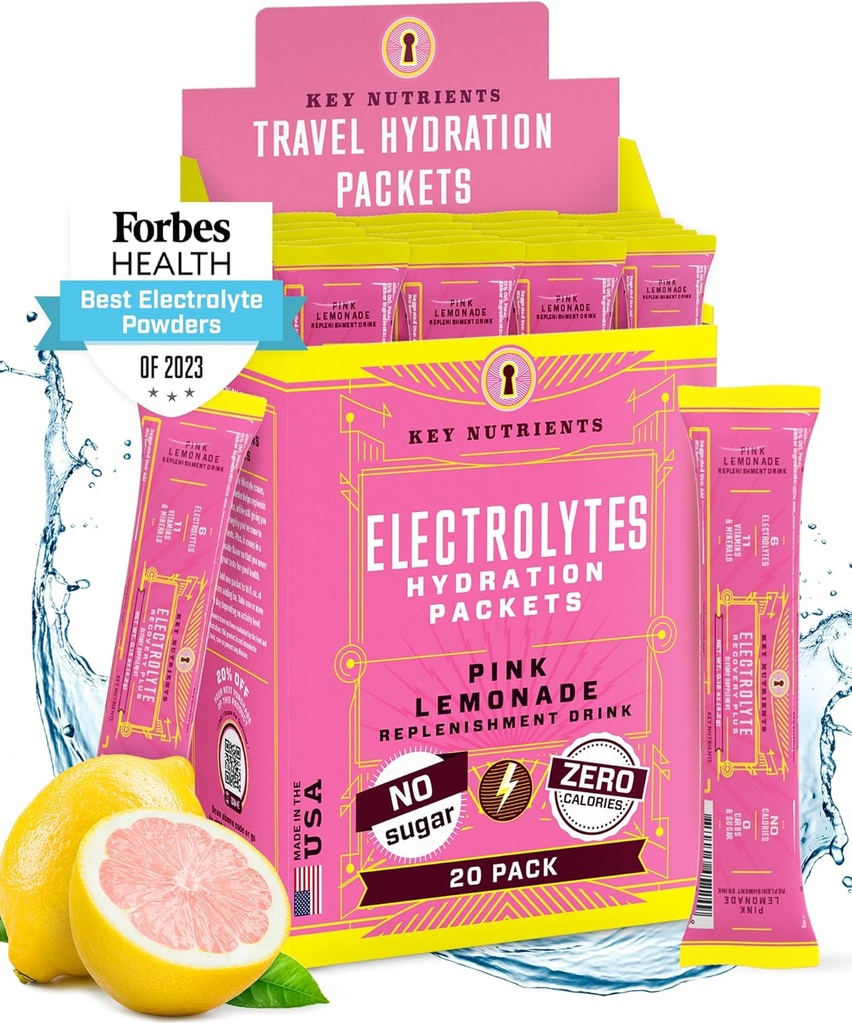 KEY NUTRIENTs Electrolytes Powder Packets - Fresh Pink Lemonade 18 Pack Hydration Pack - polvere di idratazione di viaggio - senza zucchero, senza calorie, senza glutine - Made in USA