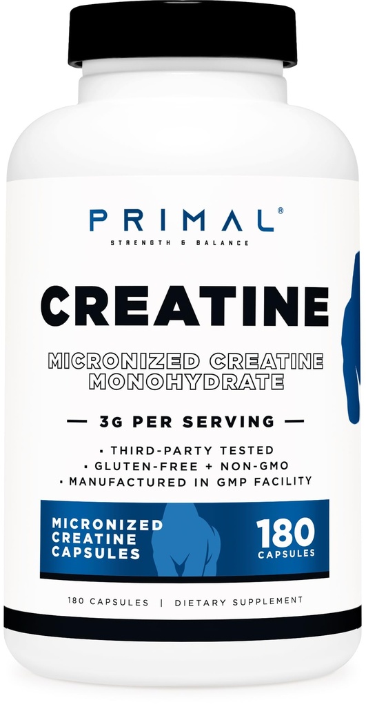 Monoidrato di creatina primaria (3.000 Mg, 180 Caps) - Integratore di creatina micronizzato, 750mg per capsula, Grande per preallenamento e recupero - Senza glutine, Non OGM