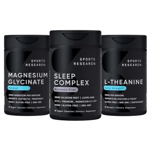 Ricerca sportiva Doppia resistenza L-teanina Supplemento Softgels per Focus & Relax, Magnesio Glycinate per riposanti sonno & processi enzimatici + Sleep Complex Melatonin-Free Vegan Capsule