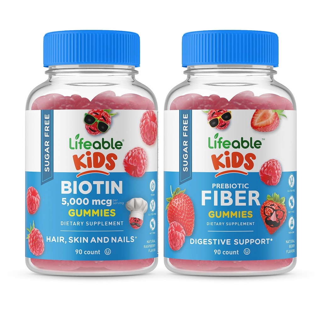 Bambini biotina senza zucchero Lifeable + Preciotic Fiber Kids, Gummies Bundle - Grande Degustazione, Supplemento di vitamina, Senza glutine, OGM libero, pancia masticabile