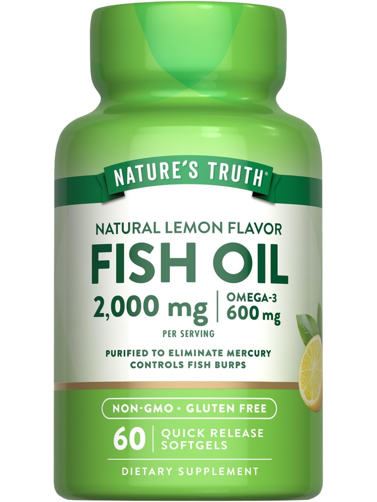 Nature's Truth Fish Oil Omega 3 Supplemento | 2000mg | 60 Softgels | EPA & DHA | Lemon Flavor | Non OGM e Gluten Free