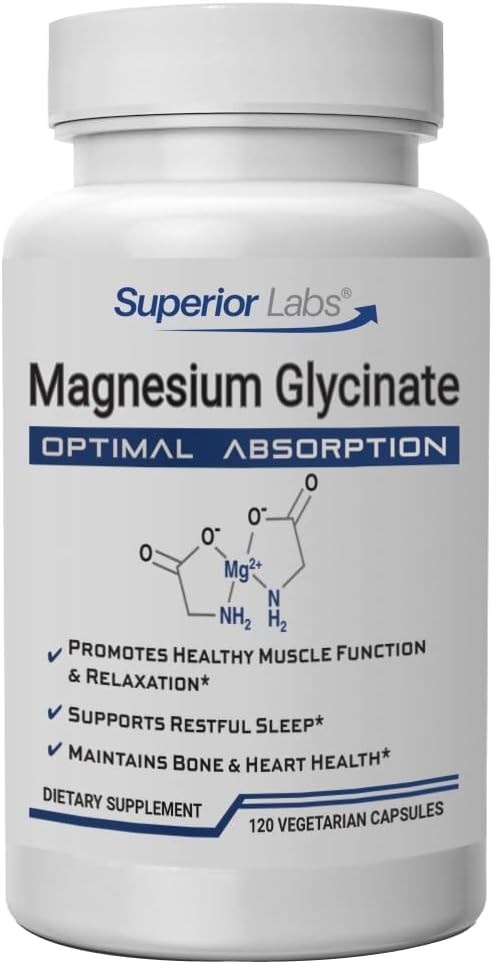 Labs Superior Magnesium Glycinate 1250 mg, ad alto assorbimento, puro non OGM, Supporta il sonno di qualità, Facilita Cramp muscolari, Bone & Heart Health, 120 tappi di Veg