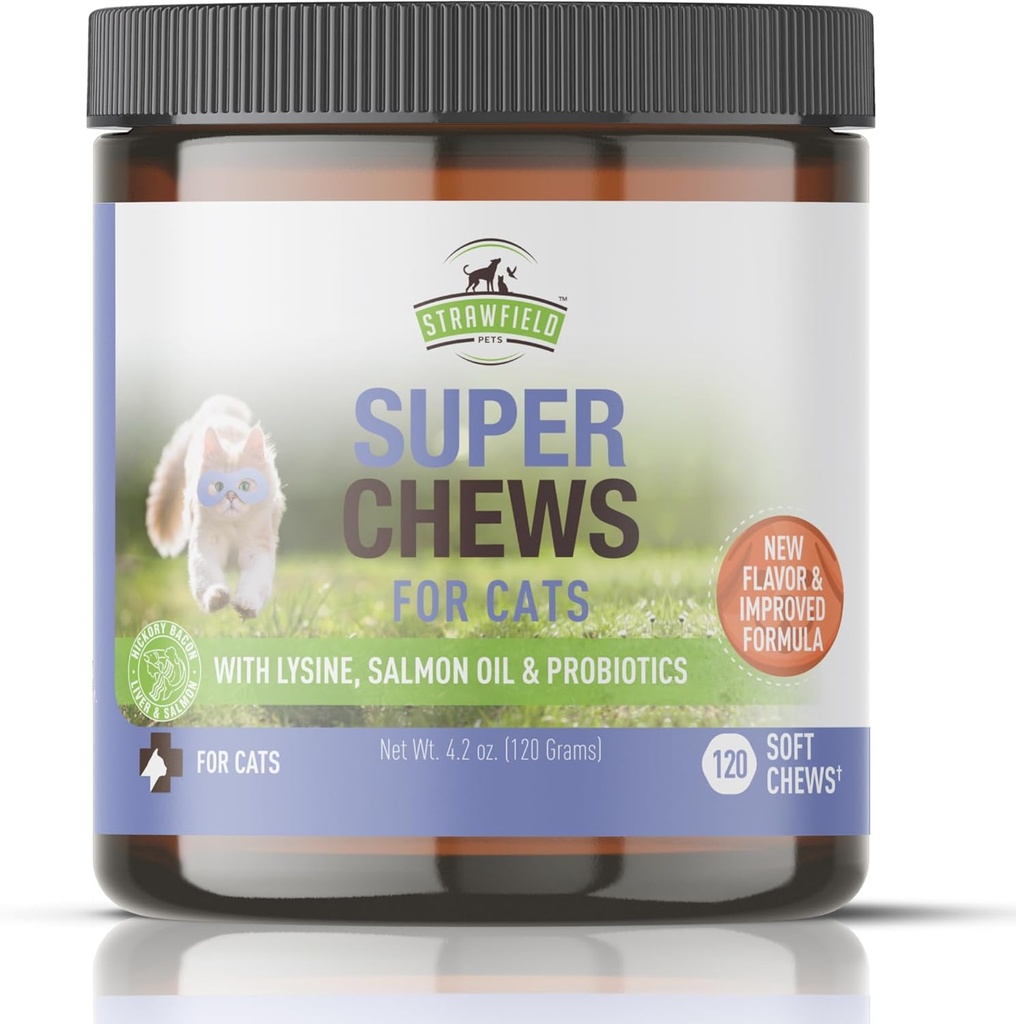 Strawfield Animali Super Chews per Gatti - Lysine, Probiotici, Omega 3 Fish Oil (olio di salmone), Catnip - Supporti Immune, Gut, Skin & Joint Health - 120 Hickory Bacon Salmon & Liver