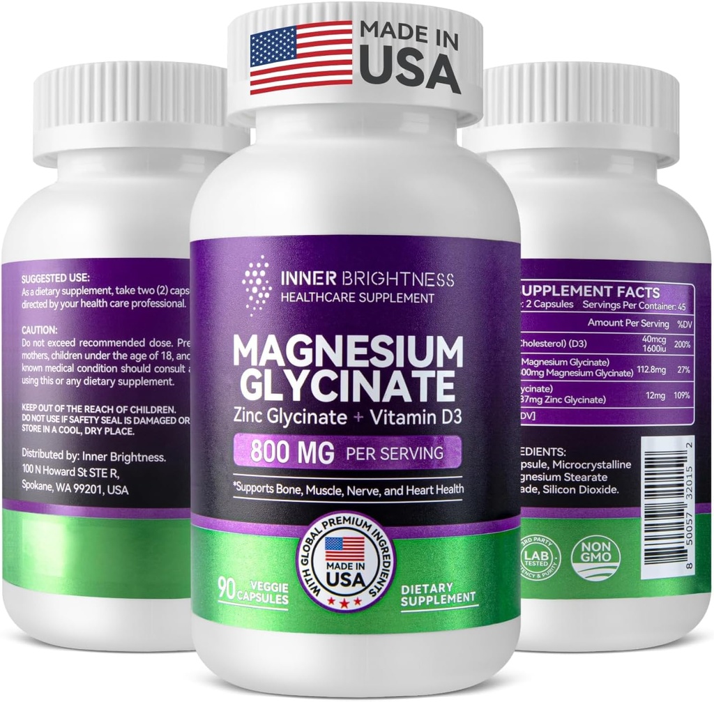 Magnesio Glycinate - Magnesio Supplemento con Zinco & Vitamina D3 per Immune, Bone & Supporto Muscolare e Salute Del Cuore - Non OGM, Senza Glutine, Genere su Stomach - 90 capsule Vegetariane