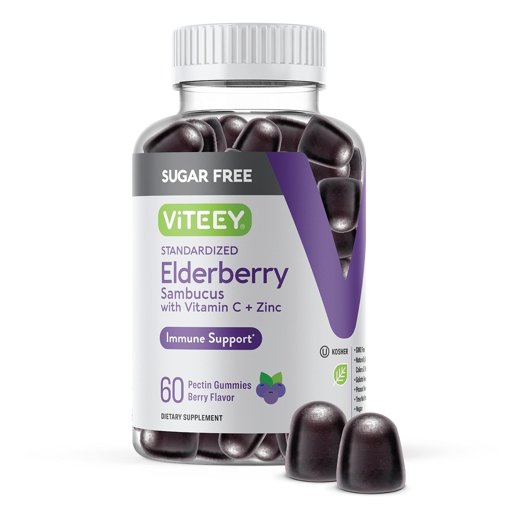 VITEEY Sambucus Elderberry Gummies for Adults & Teens + Zinc & Vitamin C - Sugar Free - Supporto immunitario & Booster Herbal Supplement - Vegan, Gluten Free, Gelatin Free, GMO Free, Chewable Berry Flavored
