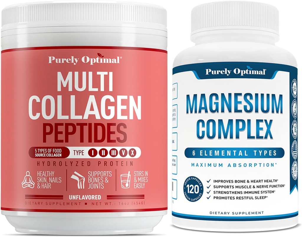 Polvere Multi Collagen Premium puramente ottimale + Complesso Magnesio Premium - Citrato di magnesio, Malato, Rilassamento muscolare - 120 caps