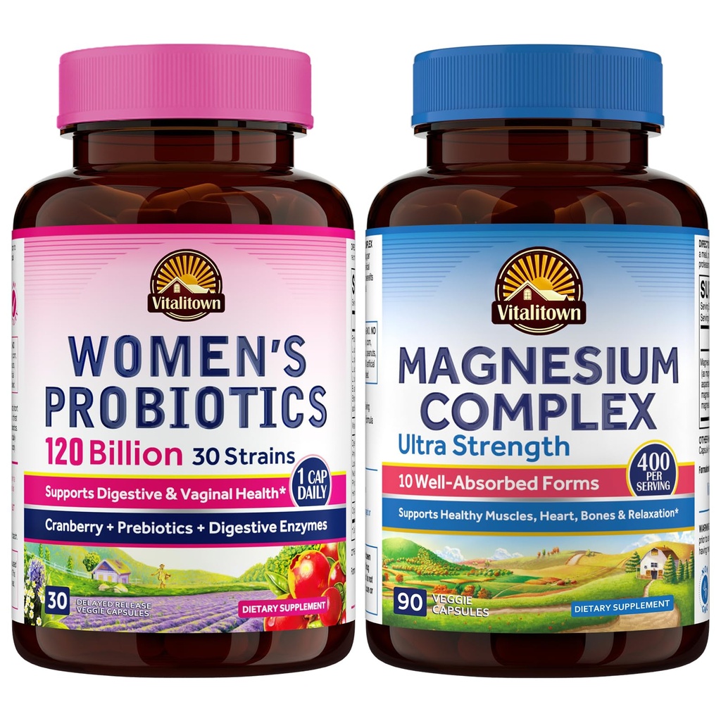 Vitalitown Magnesium + Probiotico Bundle (Pack of 2) | 10-in-1 Magnesium Complex & Women’s Probiotics 120 miliardi CFU | 90 Magnesio Caps & 30 Probiotici