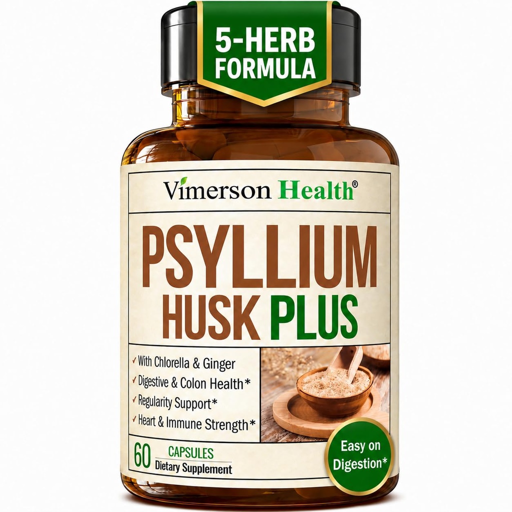 Supplemento fibra con 1080mg Psyllium Husk Powder, Slippery Elm for Women & Men, Ginger Root – Pillole ad alta fibra per regolarità, Digestivo & Gut Health – Gentle on Stomach 60 Psyllium Husk Capsule