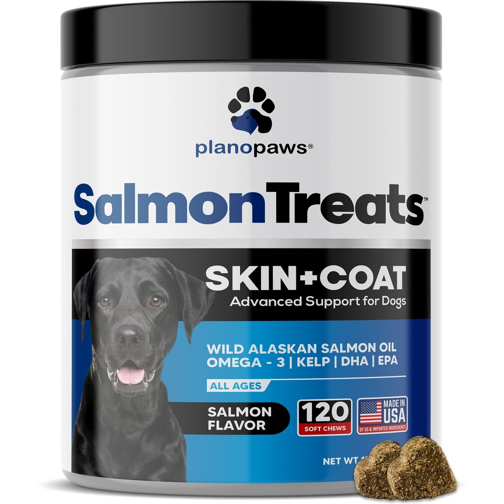 Olio di salmone dell'Alaska selvatico per cani - Supplemento di pelle del cane e cappotto - Rilievo di spargimento & Itch per cani - Omega 3 Fish Oil per cani chews - 120 Dog Allergy Chews - Supplemento di spargimento del cane - Vitamine del cane