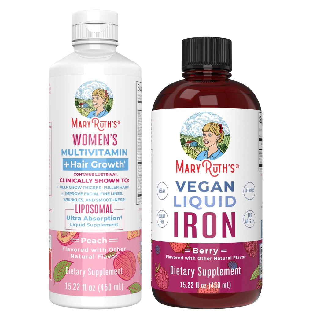 Multivitamina femminile di MaryRuth + la crescita dei capelli Liposomal (Peach) & Iron Liquid (Berry) | Clean Label Project Verified® | Supplementi per bellezza, immunità, &amp; salute generale | Vegan, Non OGM, Gluten-Free