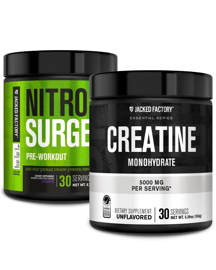 Jacked Factory NITROSURGE Pre Workout Supplement (Grape, 30 Serve) & Creatine Monohydrate Powder (Unflavored, 30 Serve)
