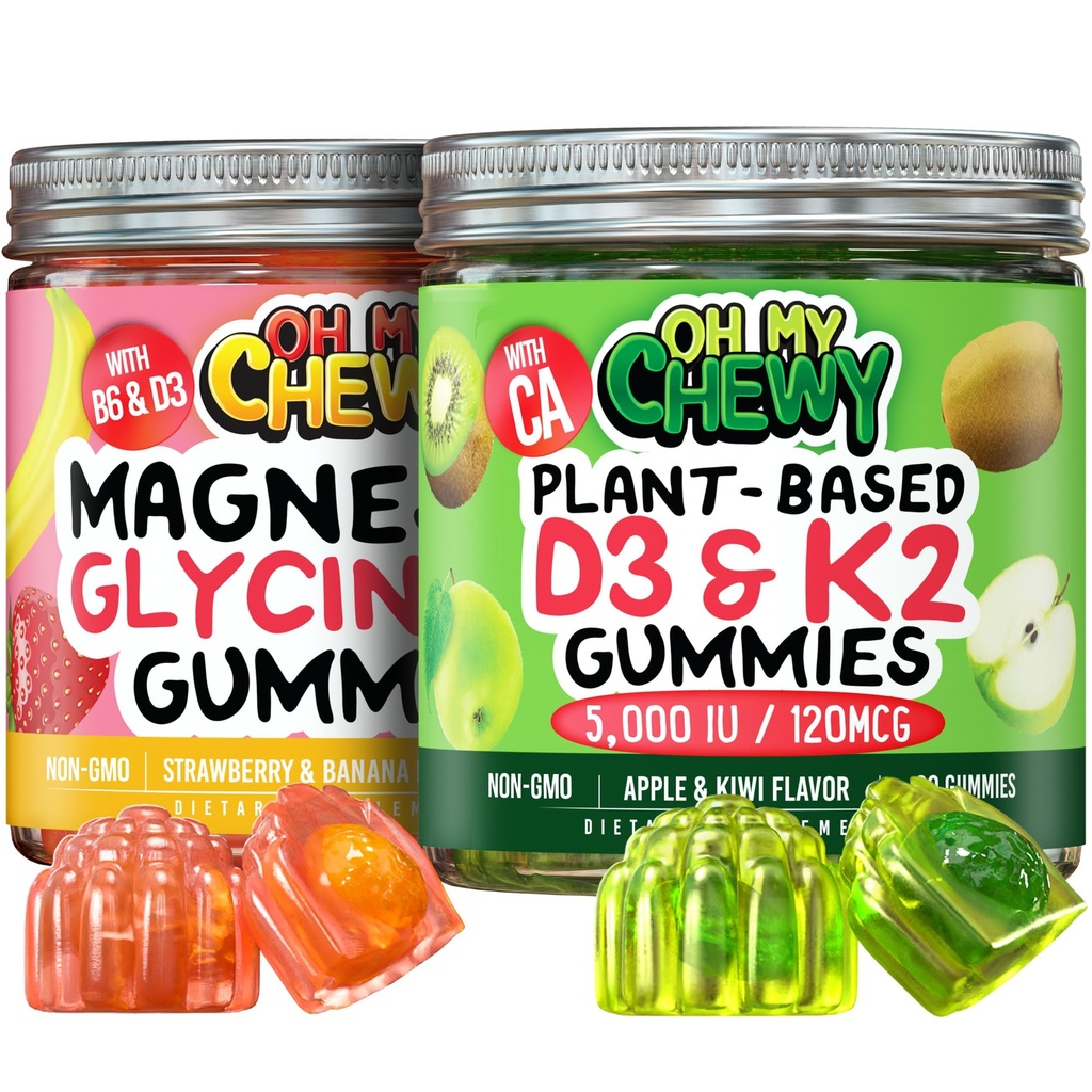 OH MY CHEWY Magnesium + D3K2 Gummies Bundle – 2 bottiglie (60 ciascuna) – Fragola Banana & Apple Kiwi