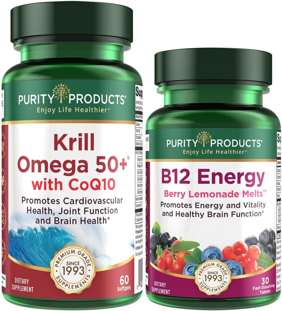 Prodotti di purezza Bundle - Krill Omega 50+ con CoQ10 + B-12 Energy Melt - Krill Omega 50+ con CoQ10 (olio di oliva, olio di pesce, CoQ10, vitamina D) B-12 Berry Melt (Methylcobalamin B12 + B6 + D3 + di più)