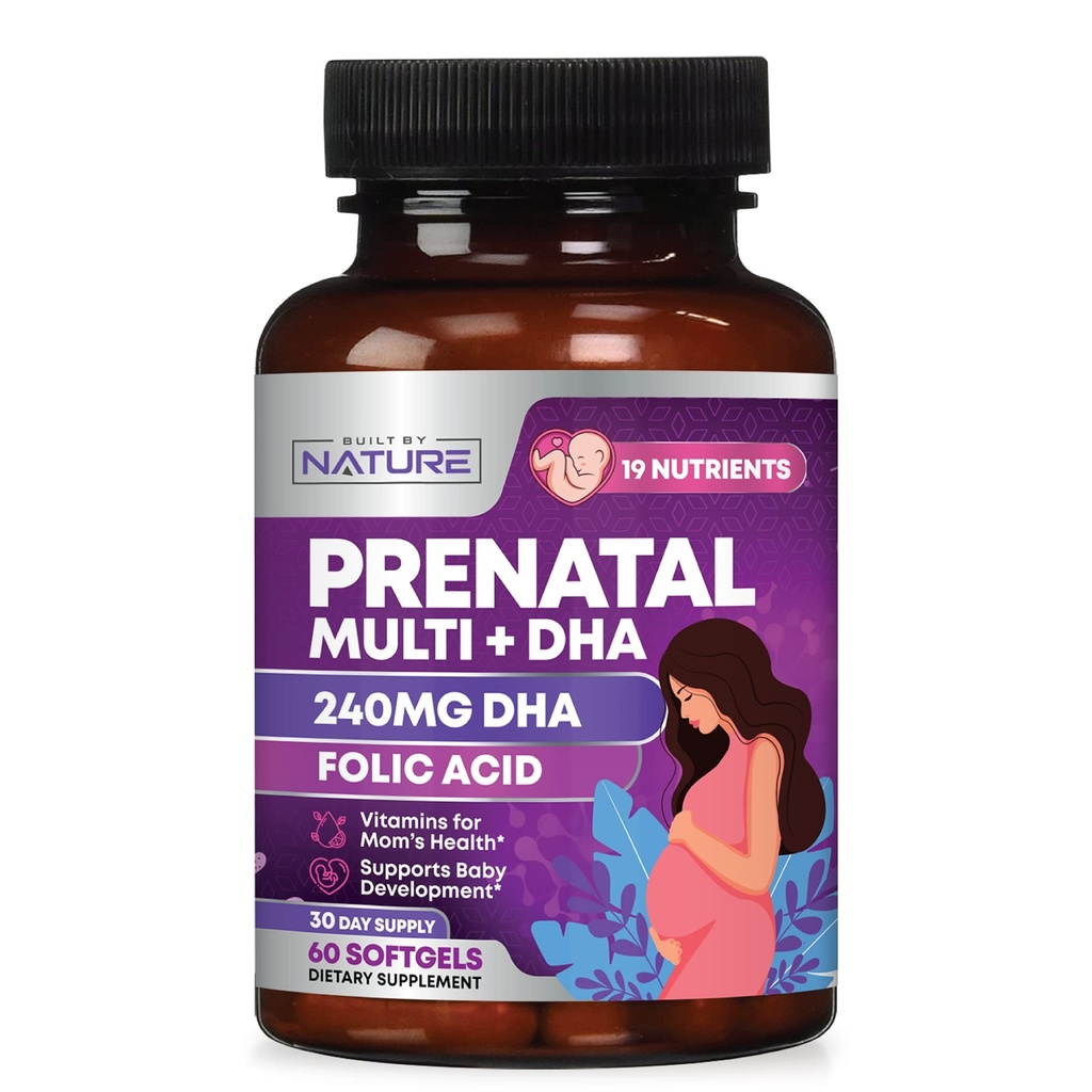 Vitamine Prenatali per le Donne - Multivitamina con DHA, Acido Folico, Vitamina C, B12, Ferro e Omega-3 - Prima, Durante e Post Supplemento di Gravidanza per la crescita sana e lo sviluppo del cervello - 60 Softgels