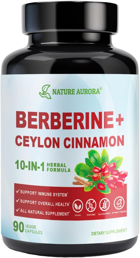 Integratore di berberina con Ceylon Cinnamon & Chromium Picolinate, 10-in-1 Berberina 1000mg Per Serve, Berberina 5X per Metabolismo, Cuore e Supporto Immune (90 capsule)