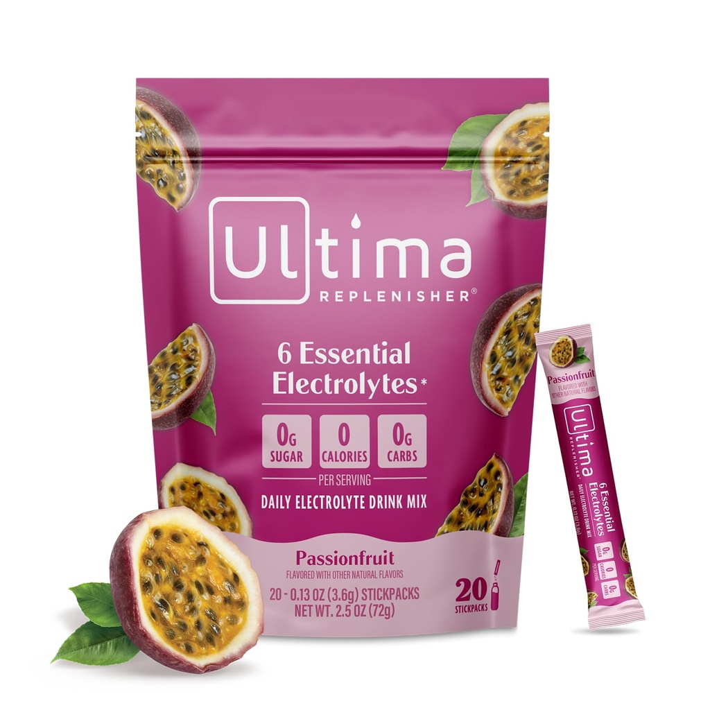Ultima Replenisher Daily Electrolyte Powder Drink Mix – Sugar Free – Passionfruit, 20 Stickpacks – Idration Packets con 6 Electrolytes e Trace Minerals – Keto Friendly, Non-GMO