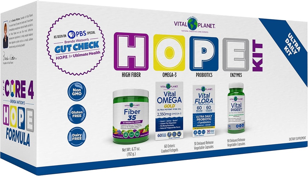 Vital Planet – Gut Check Hope Formula Kit di Brenda Watson - 4 Product Package con Ultra Daily Probiotic 30 Cap, Fiber 35 Powder 6.7oz, Vital Omega Oil 60 Softgels e Digestive Enzyme 90 Cap