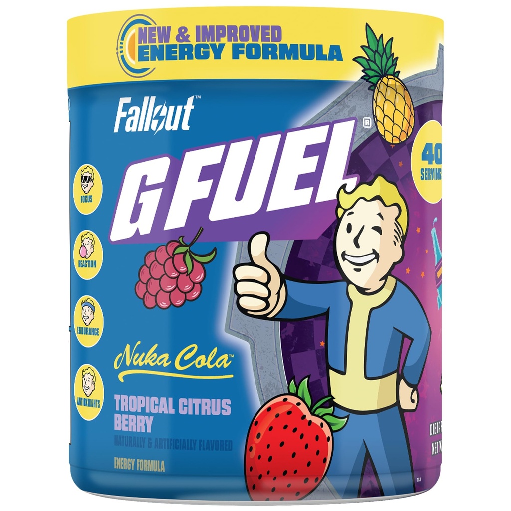 G Fuel Nuka Cola Energy Powder, Sugar Free, Clean Caffeine Focus Supplement, Water Mix, Tropical Citrus Berry Flavor, Focus Amino, Vitamina + Antiossidanti Blend - 9.8 oz (40 Serve)