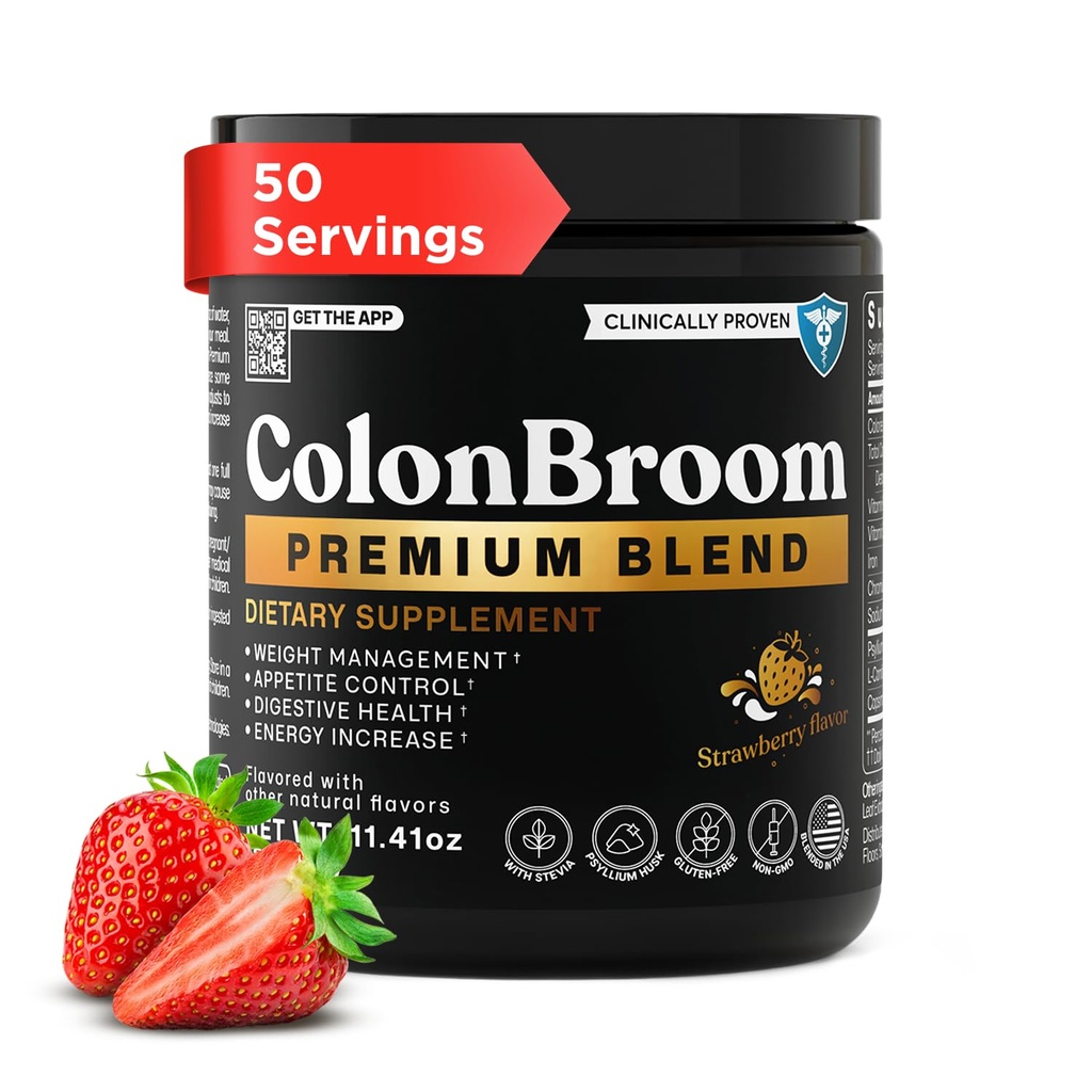 ColonBroom Premium Powder Supplement (Strawberry) - Colon Broom Psyllium Husk Fiber Powder Drink - Gluten Free, Non-GMO Colon Cleanse per Bloating Relief & Gut Health, 50 Servings