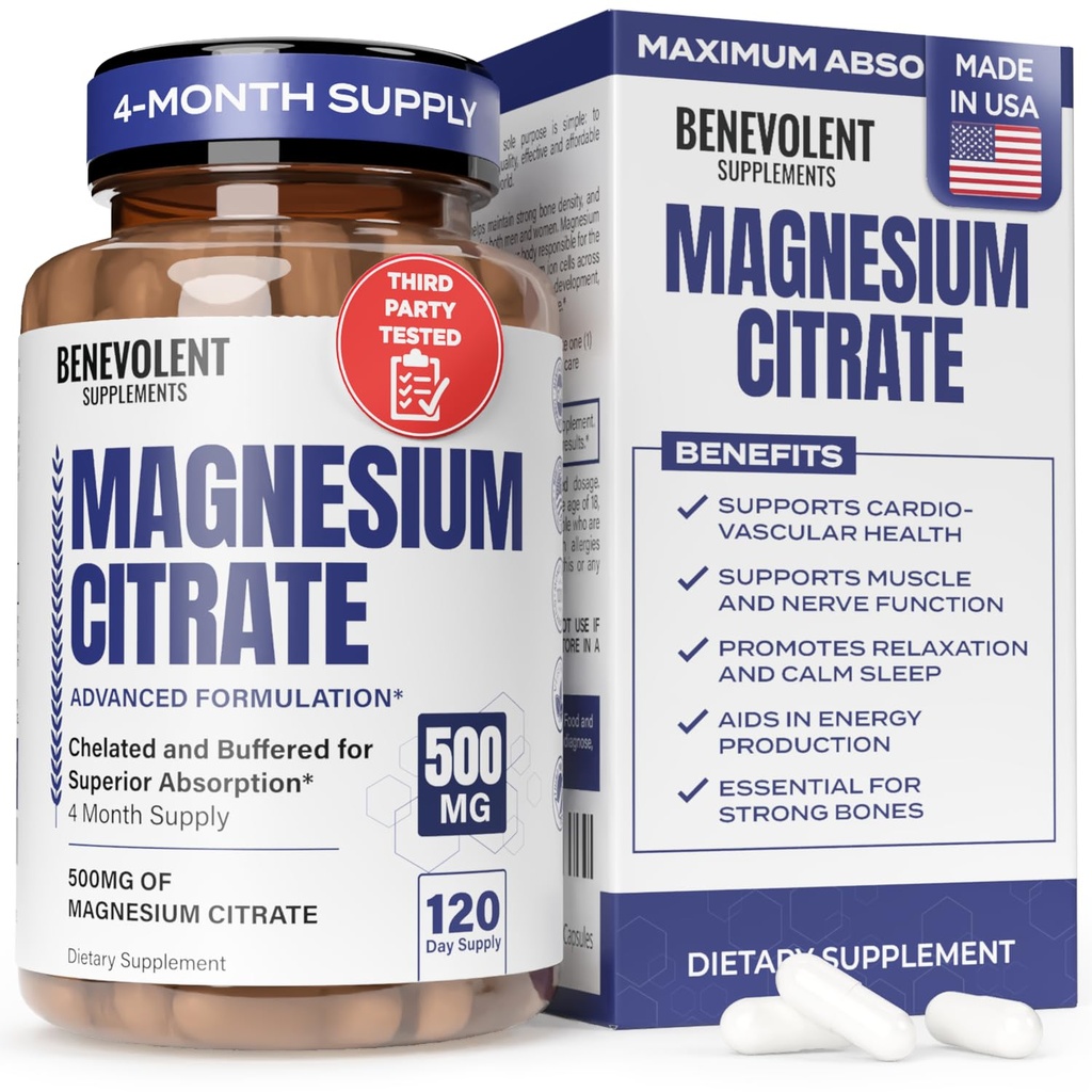 Premium Magnesio Citrato 500mg Capsule (Citrato de Magnesio) Alta Assorbimento Formula Citrato Bufferato Citrato per sostenere Digestione, Bone, Sonno & Muscolo Salute - 120 Capsule