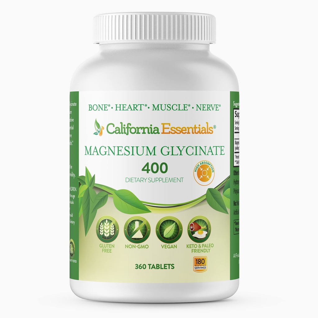 California Essentials Magnesium Glycinate 400 - Chelato, Magnesio Elementale ad alto assorbimento per il sollievo muscolare, Bone & Heart Support -Vegan, Non OGM, Gluten-Free (360 Conti (Pack of 1))