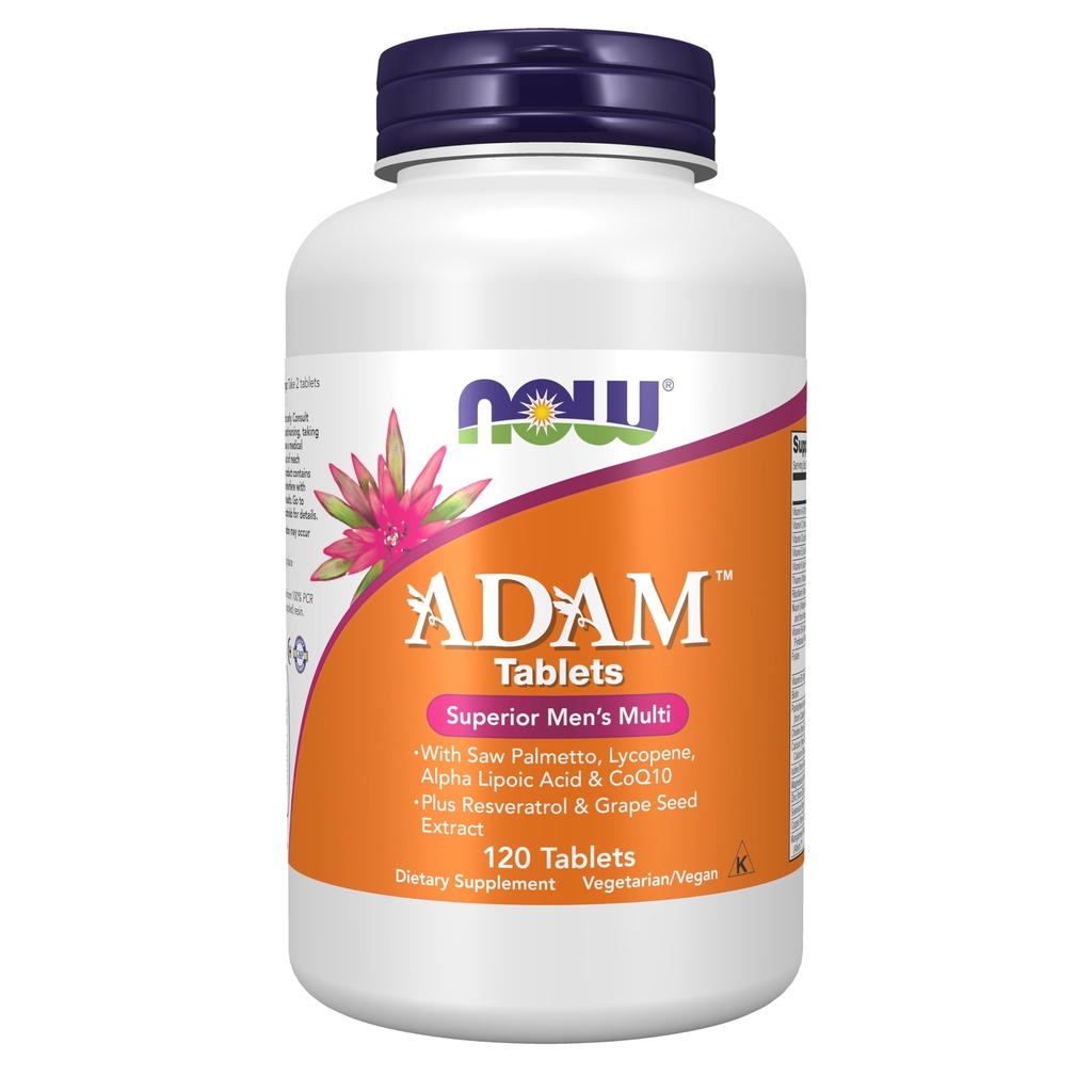 NOW Integratori alimentari, ADAMTM Multivitaminico maschile con Palmetto Segato Segato Segato, Licopene, Acido Alfa Lipoico e CoQ10, Plus Natural Resveratrol & Grape Seed Extract, 120 compresse