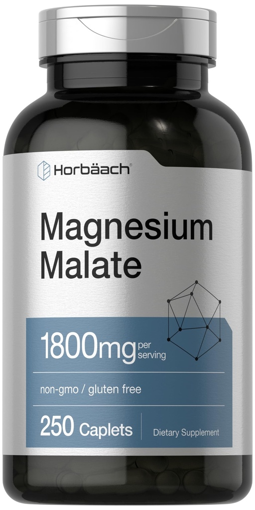 Horbäach Magnesium Malate | 1800mg | 250 Caplets ricoperti | Vegetariano, Non OGM, Gluten