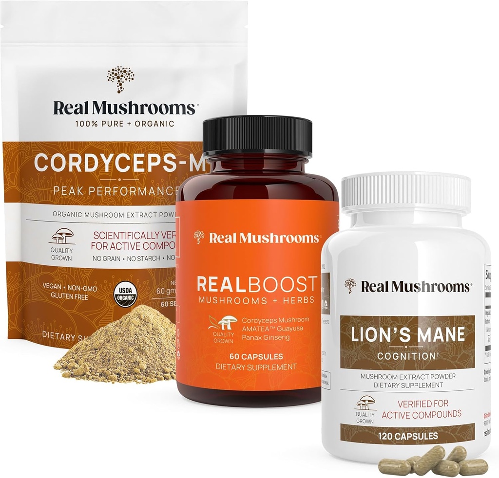 Real Mushrooms RealBoost (60ct), Lions Mane (120ct) & Cordyceps Mushroom Powder & Capsules Bundle - Mushroom Supplement per Energia, Vitalità, Endurance & Cognition - Vegan, Non-GMO
