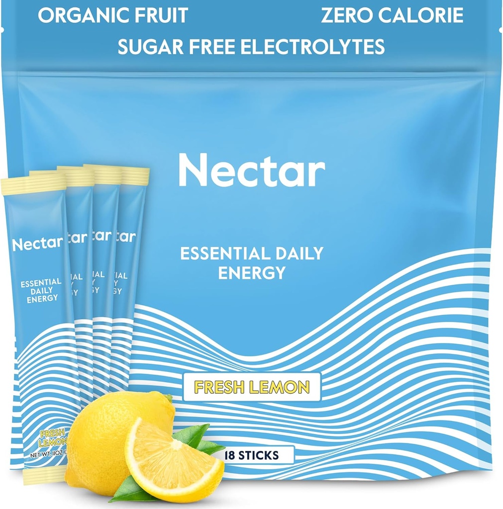 Nectar Energy Booster - Organic Caffeine, B12 & Electrolytes - Sugar Free & Zero Calorie – Caffetteria sana, Energy Drink & Soda Alternative – Hydration & Energy Supplement (Lemon 18 Powder Packets)