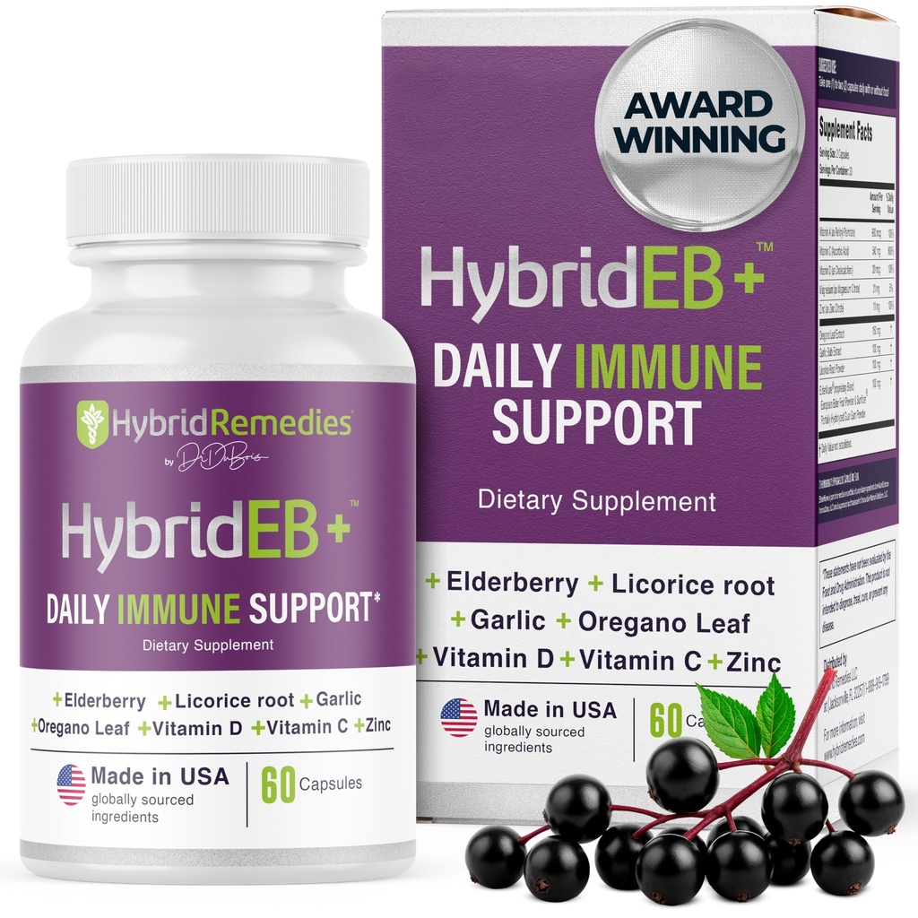 HybridEB Sambucus Elderberry Supporto Immune con Vitamina C, Zinco, Vitamina D3 - Supplemento Antiossidante e Immunità, Alimentazione 1 Mese - 9 in 1 Bambini e Adulti di Samburo Nero - 60 Capsule