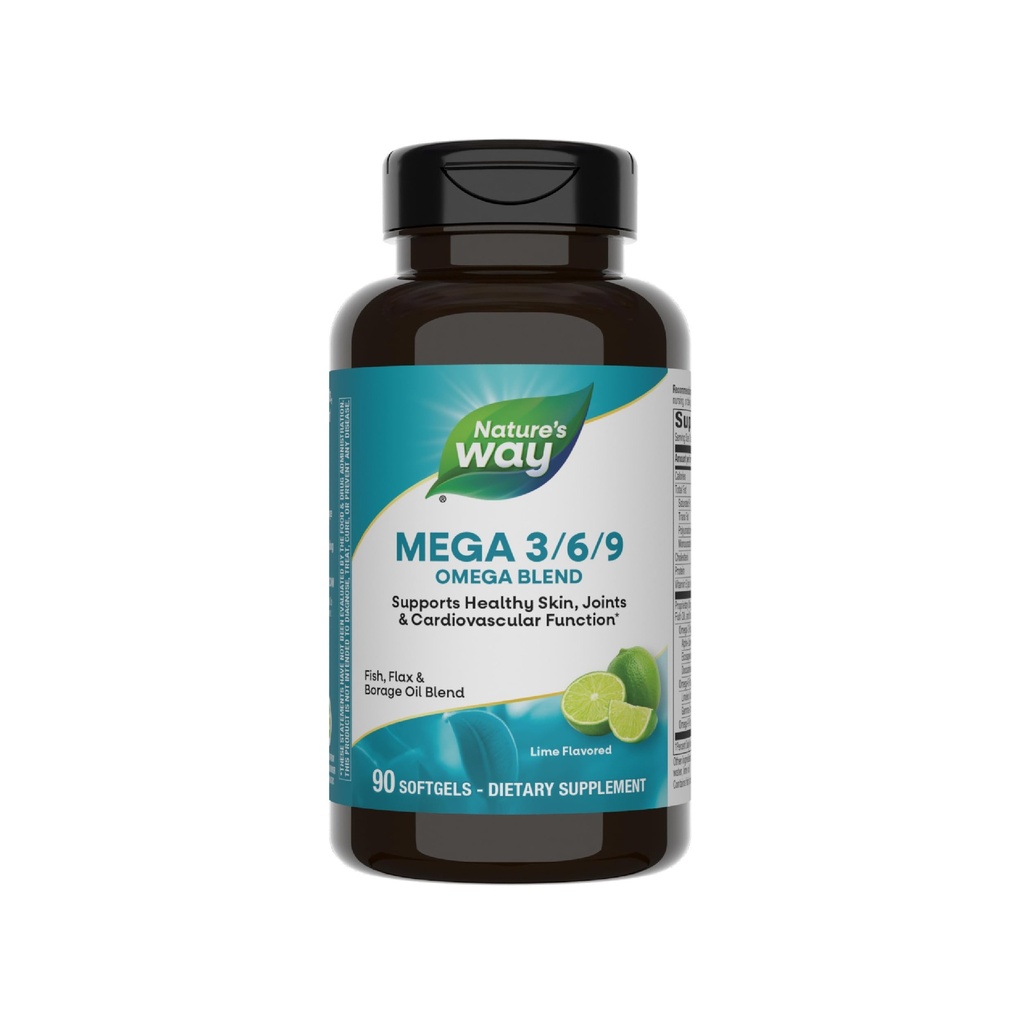 Via della natura Mega 3/6/9 Omega Blend, Supporta la pelle sana, Giunti, Funzione cardiovascolare*, Pesce, Flax, Olio di borragione, 90 Lime Flavored Softgels (Packaging May Vary)