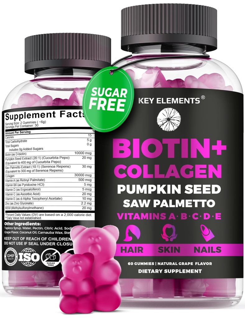 Pelle per capelli e unghie 10000mcg Gummies & Collagen Gummies - Vitamine di biotina per la crescita dei capelli Olio di semi di zucca, estratto di palmetto di sega & vitamine A B6 C D E - Integratori di biotina e collagene